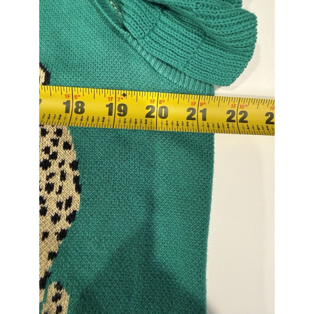 Entro Green Cheetah Ruffle Sleeve Sweater Top Knit Crewneck Size L 100% Cotton - Picture 6 of 7